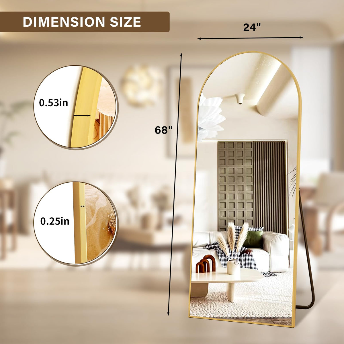 24x68 Gold Arched Full Length Mirror Floor Mirror with Metal Frame