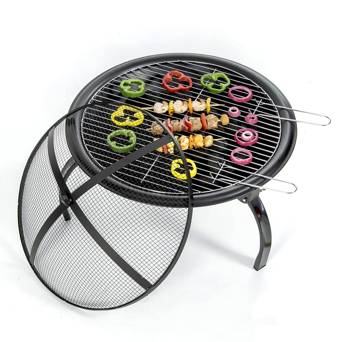 22" BBQ Grill and Firepit/Featuring Mesh Cover, Wooden Handled Stoker & Folding Legs/Lightweight & Portable/Picnics