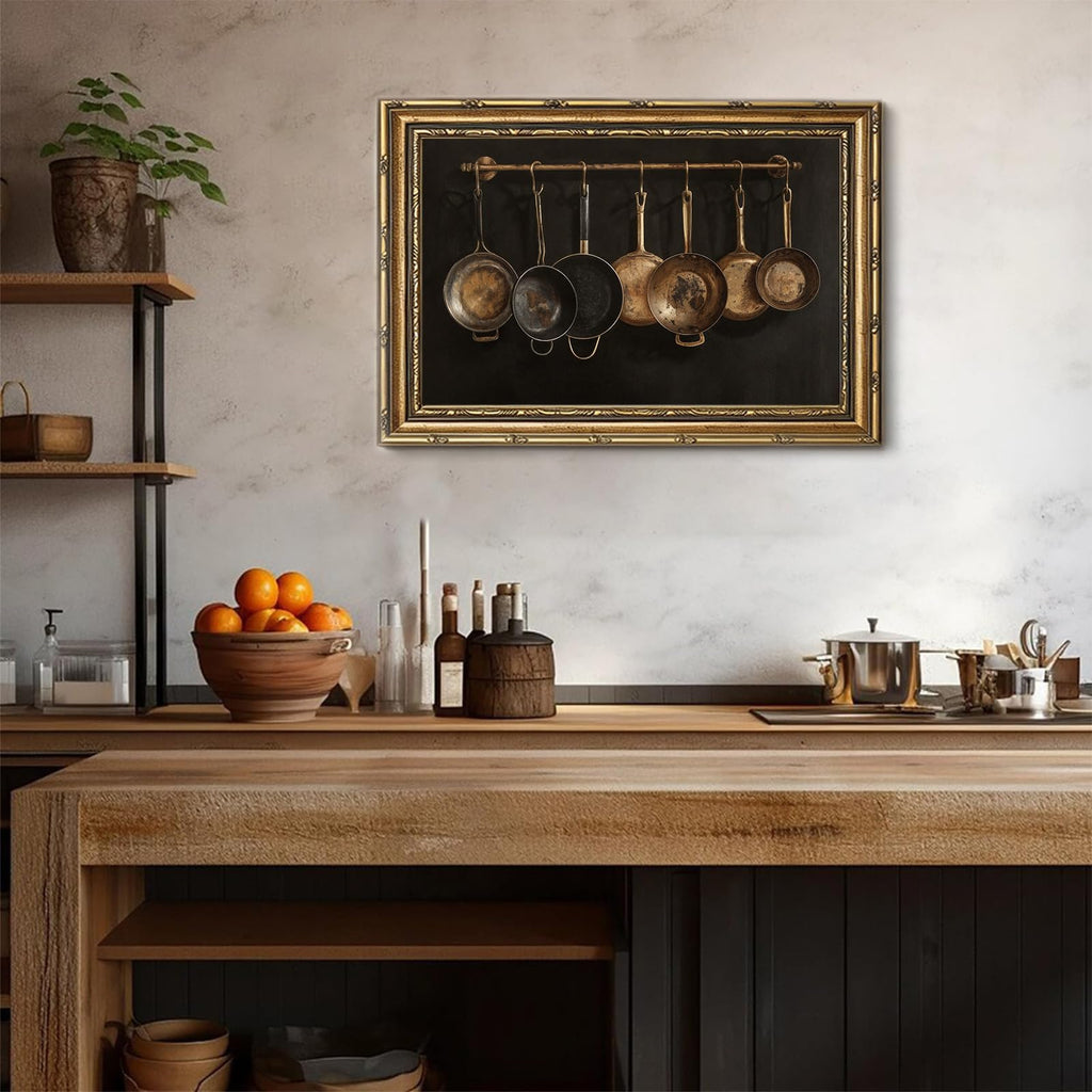 Large Dark Academia Kitchen Wall Art Gold Framed, Moody Vintage Copper Pots Still Life Canvas Print, Statement