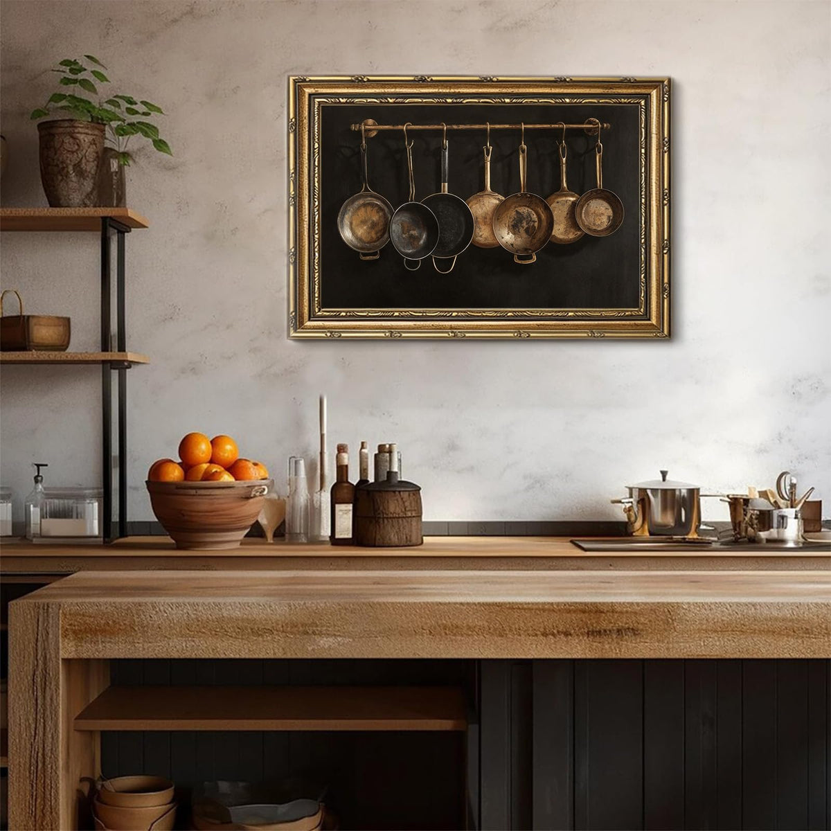 Large Dark Academia Kitchen Wall Art Gold Framed, Moody Vintage Copper Pots Still Life Canvas Print, Statement