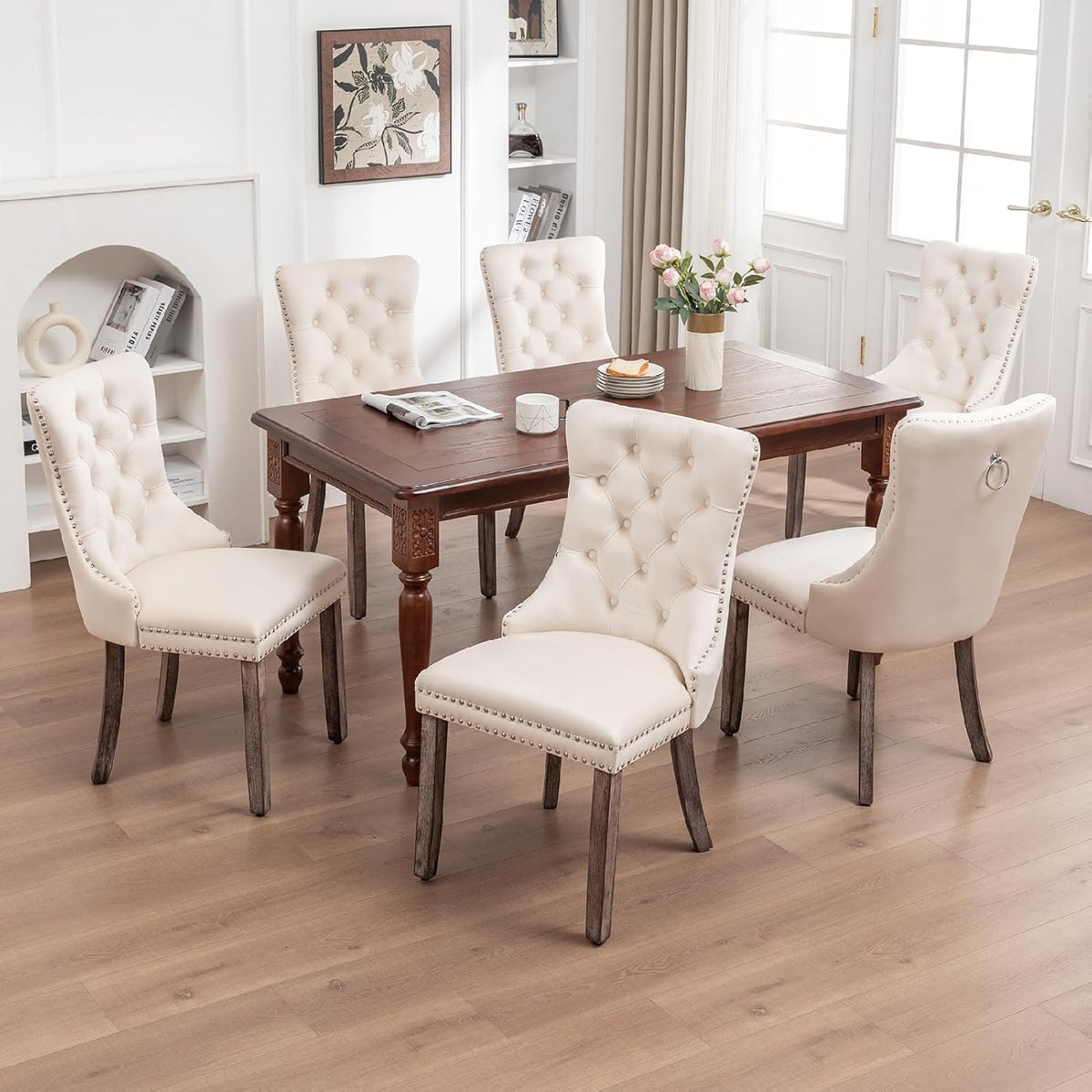 Velvet Dining Chairs Set of 6, Upholstered Tufted Dining Room Chairs with Ring Pull and Nailhead Trim for Kitchen, Living Room or Bedroom, Beige