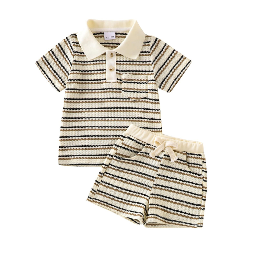 Boy Clothes Baby Striped Collared Shirt Shorts Beige Set