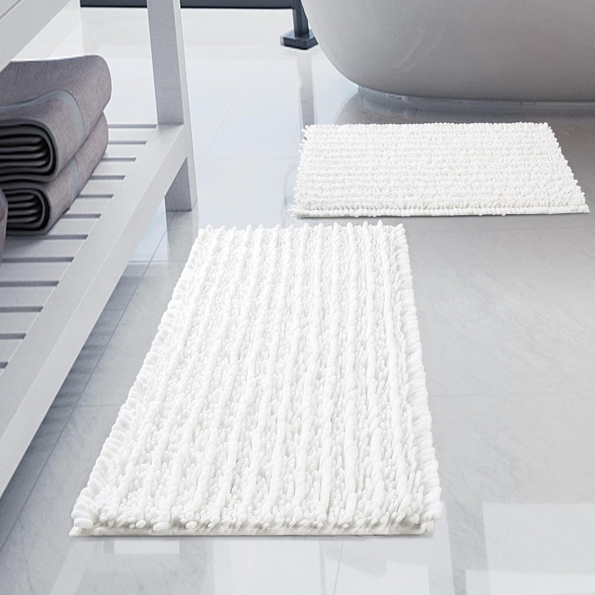 Luxury Chenille White Bathroom Rugs Sets 2 Piece, Thickened Hot Melt Rubber Bottom Bath Mats Non Slip,Bath Rugs Quick