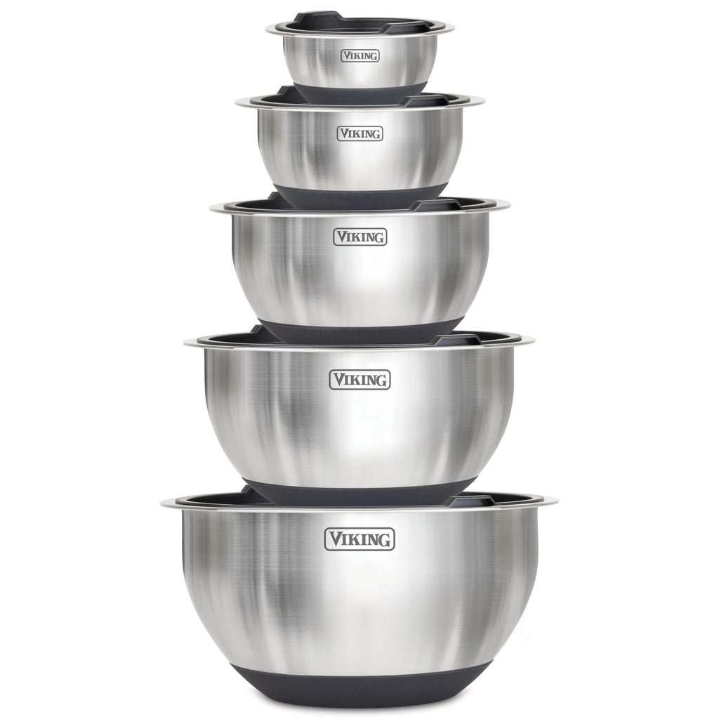 Mixing Bowls Set, 10 Piece Stainless Steel Kitchen Cookware, Non-Slip Silicone Base, Includes Tight Fit Lids