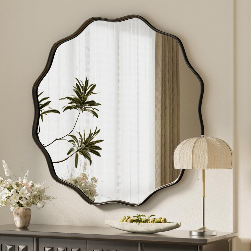 Black Scalloped Circle Mirror 30" Wavy Edge Round Wall Mirror