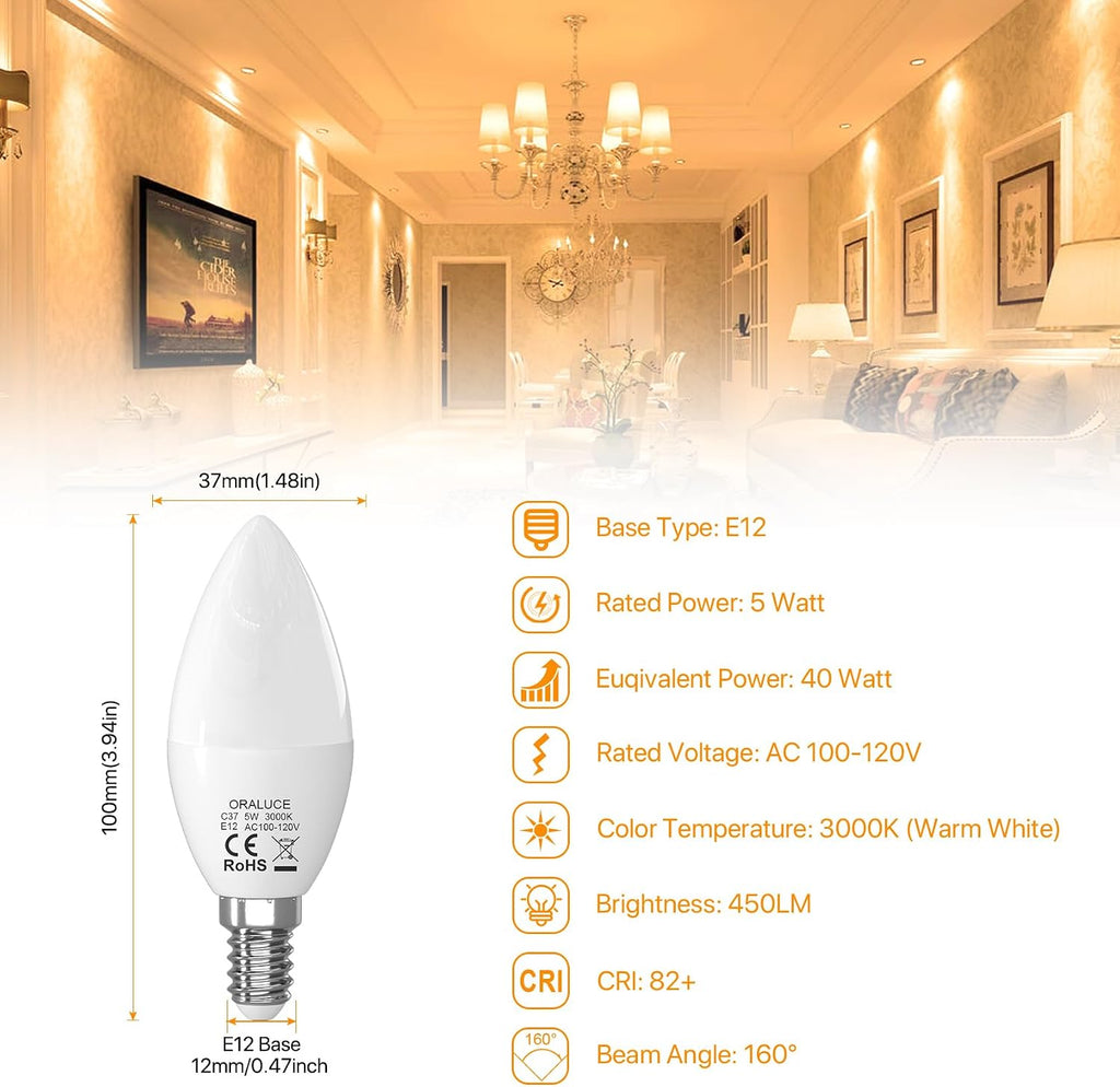 E12 Candelabra LED Bulb 40 Watt, 3000K Warm White B11, 6 Pack