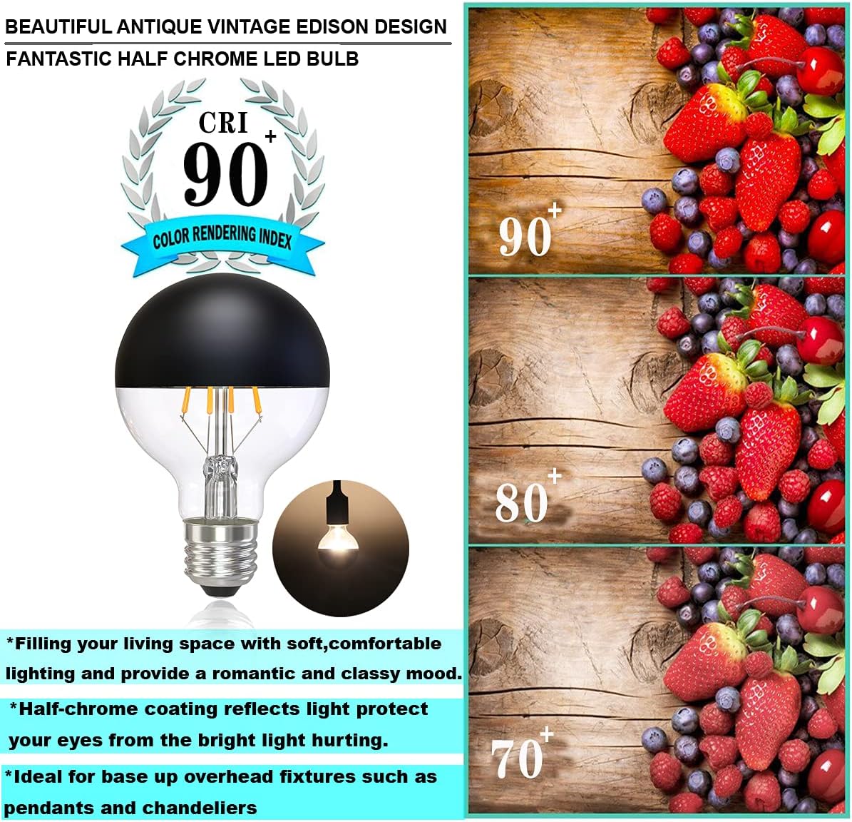 Half Chrome Light Bulb,6W Dimmable Half Black Glass,G25 Warm E26