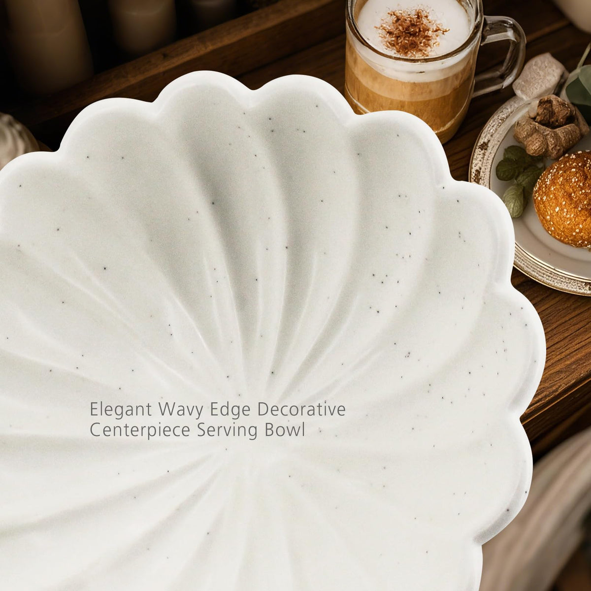 Large Fruit Bowl Counter-10.6" White Ceramic Fluted Scalloped Decorative Footed Bowl -Elegant Pedestal Display Bowls