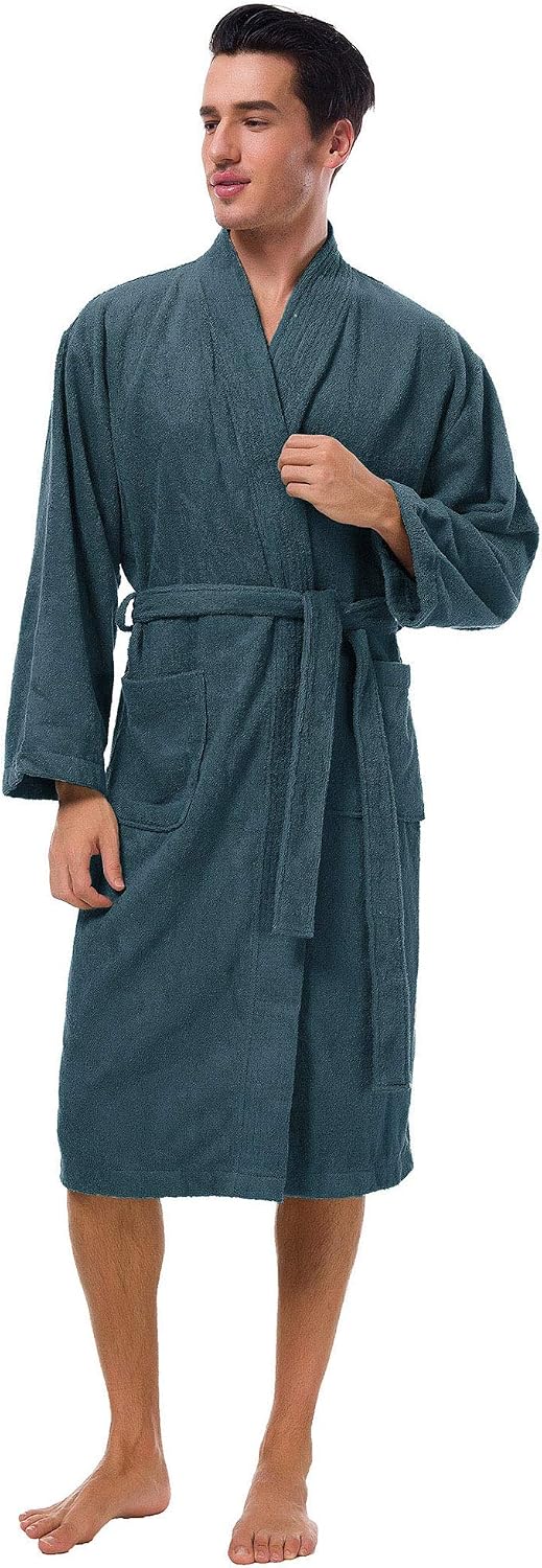 Men's Terry Cotton Robe, Absorbent Kimono Towel Bathrobe for Spa and Hotel, Soft Shower Calf Length Cloth with Pockets