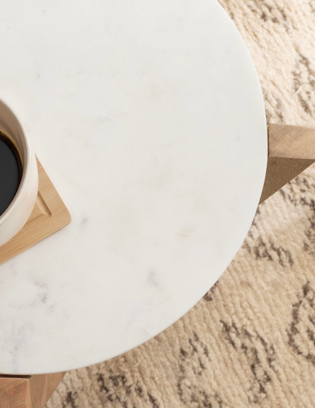 Inspired Saarinen Style Moxley Transitional Round Side Table; 16 x 16 x 22; White Marble and Natural Wood; Tiered Pedestal Table with