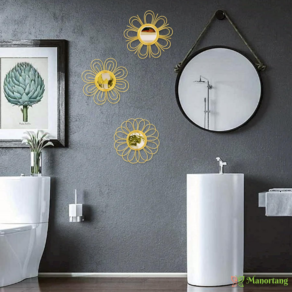 Gold Mirrors 3 Piece, 9 inch Flower-Indoor Shaped Mirror Hanging Wall Decor