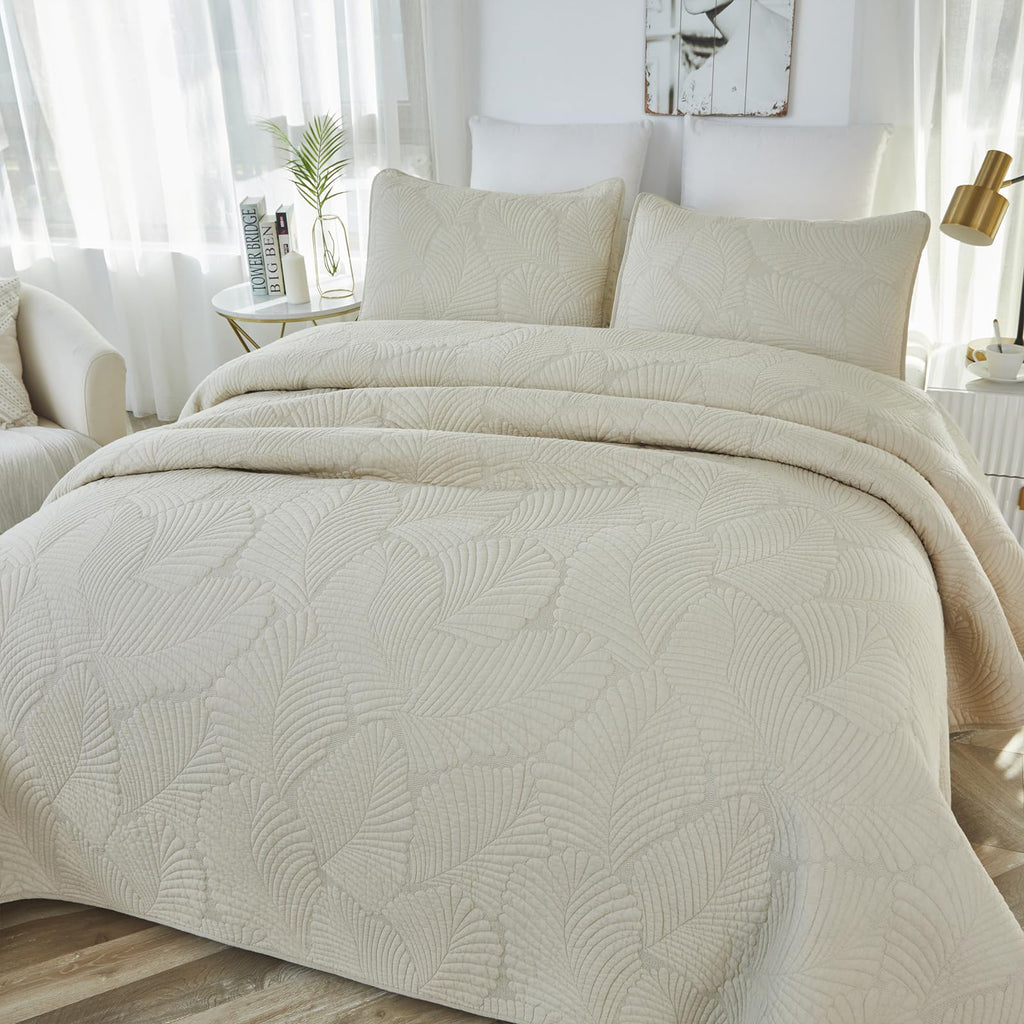 Beige Palm Stitch Quilt Set 100% Cotton Luxury Embroidered Palm Leaf Bedding Premium Summer Tropical Quilt