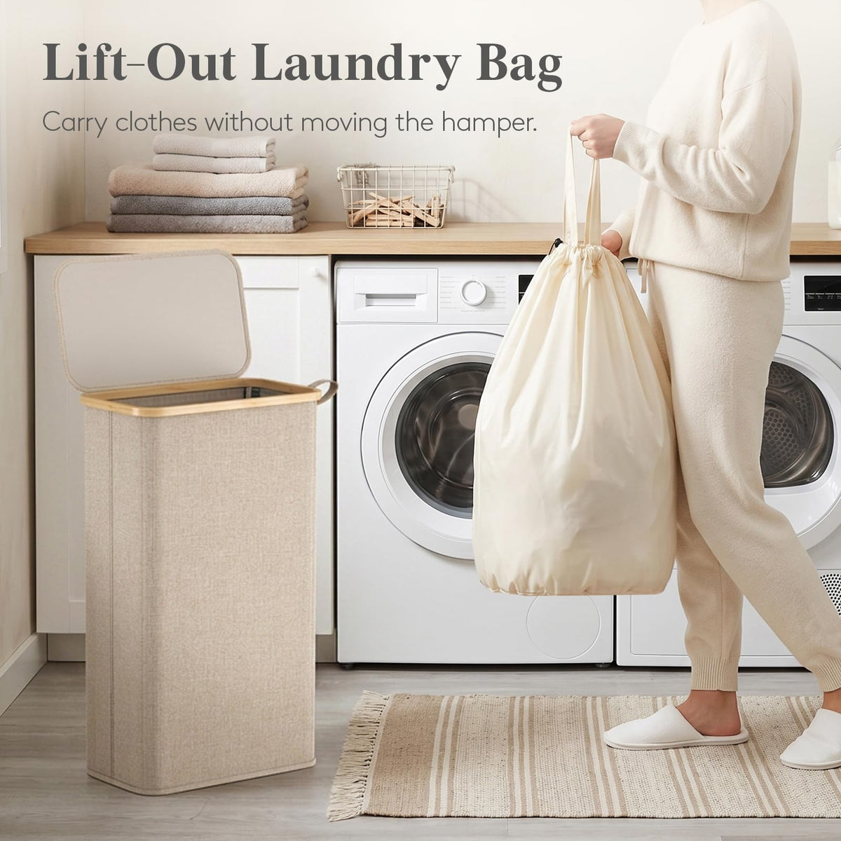 75L Slim Laundry Hamper with Lid and Removable Bag, Beige