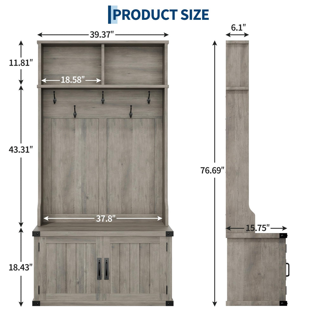 Farmhouse Hall Tree, Entryway Coat Rack with Closed Shoe Cabinet