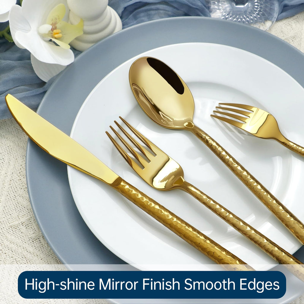 Gold Silverware 18/10 Stainless Steel 60-Piece Mirror Polsihing Flatware Round Hammered Cutlery Set Service for 12