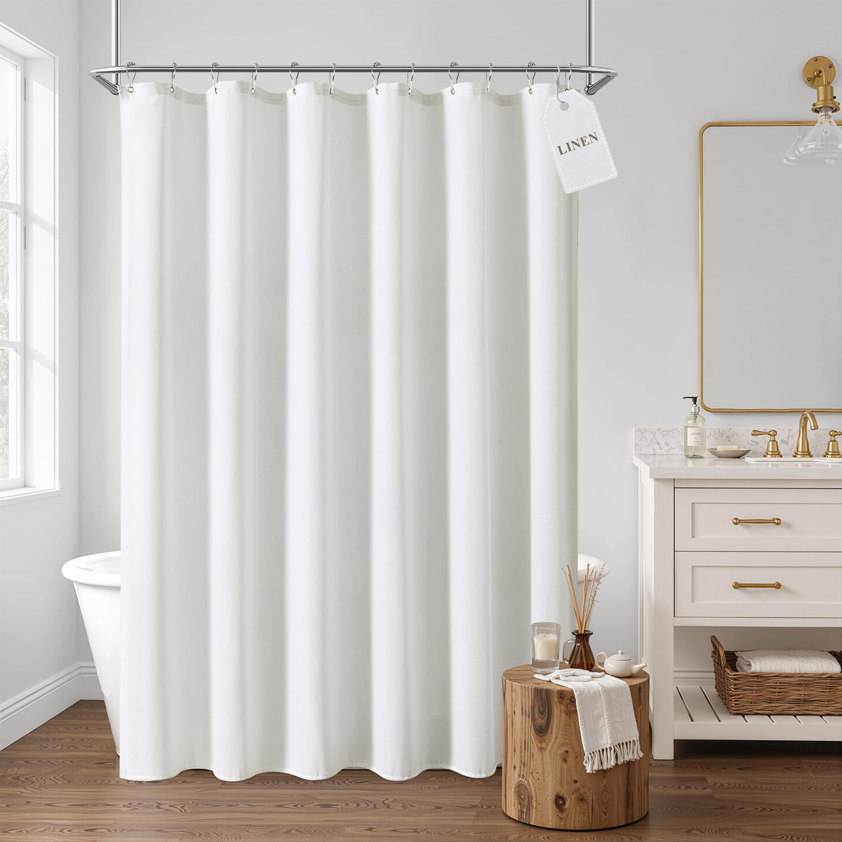 Extra Long Linen Shower Curtain 96 Inches White