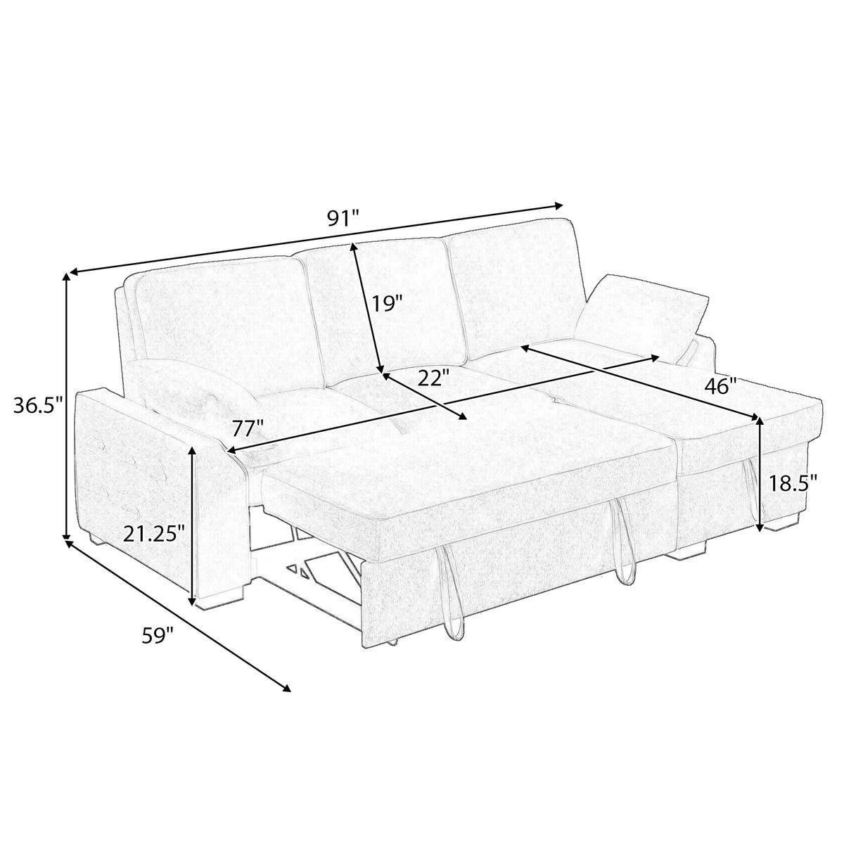 L-Shaped Pull Out Sleeper Sofa Bed, Modern Chenille Upholstered Button Tufted Corner Reversible Sleeper Sectional