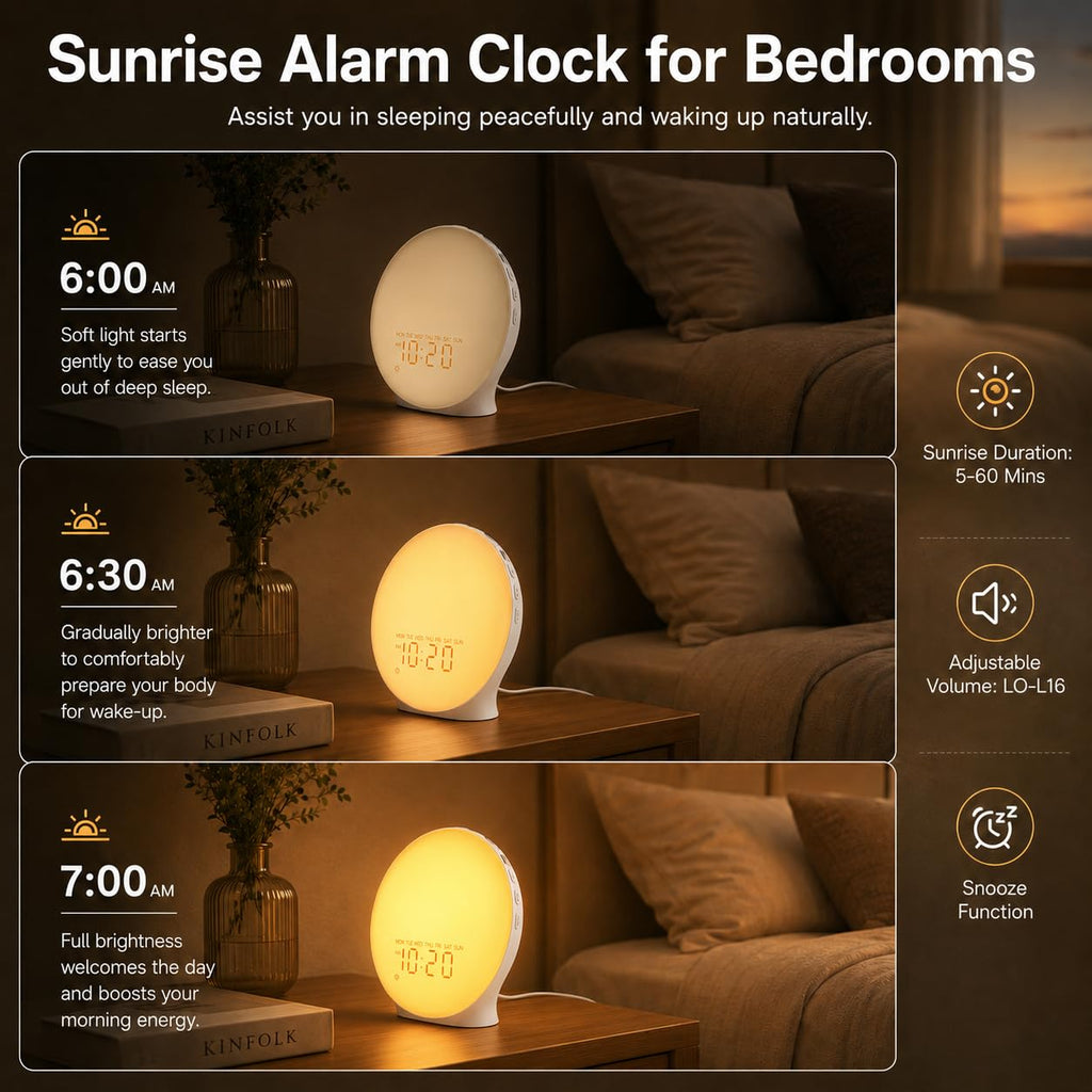 Sunrise Alarm Clock White Noise Machine with 25 Nature Sleep Sounds, Fully Dimmable Clock, Heavy Sleepers, 17 Light