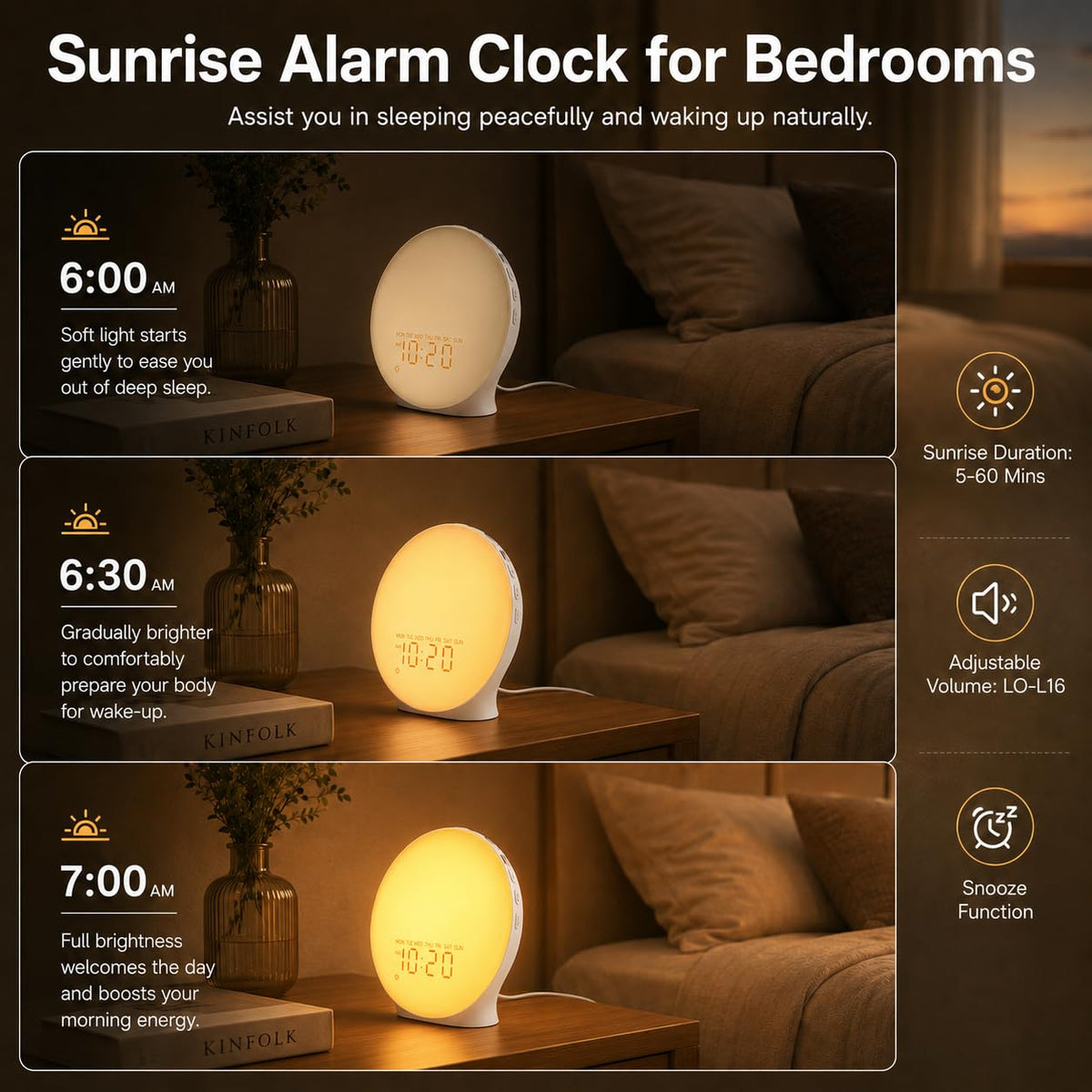 Sunrise Alarm Clock White Noise Machine with 25 Nature Sleep Sounds, Fully Dimmable Clock, Heavy Sleepers, 17 Light