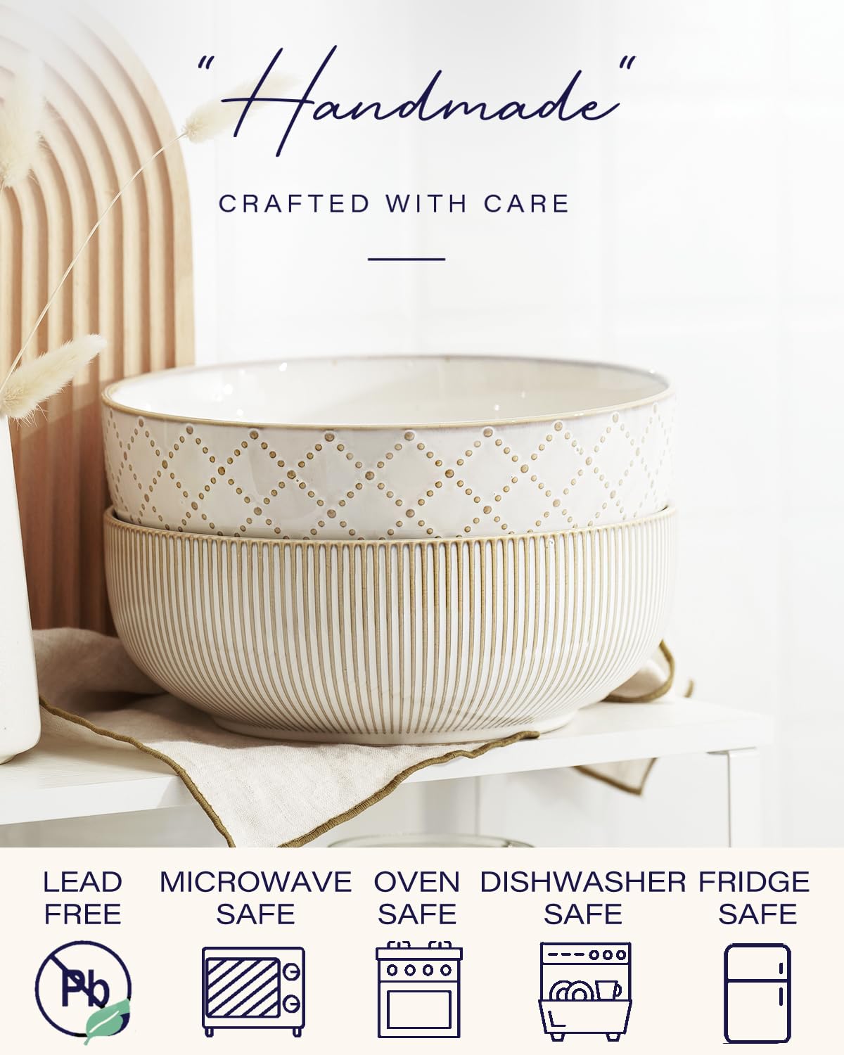 Large Serving Bowls (9.5 inch & 92 fl oz), Ceramic Salad Bowl Set of 2, Microwave and Dishwasher Safe