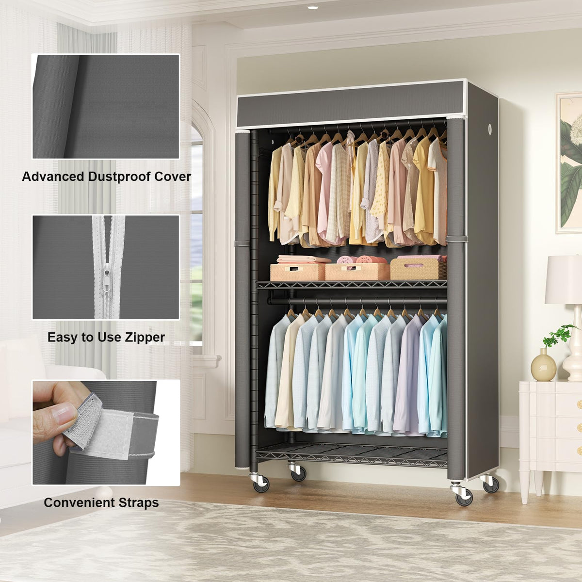 Black Clothing Rack with Dark Gray Cover, P1C Rolling Closets