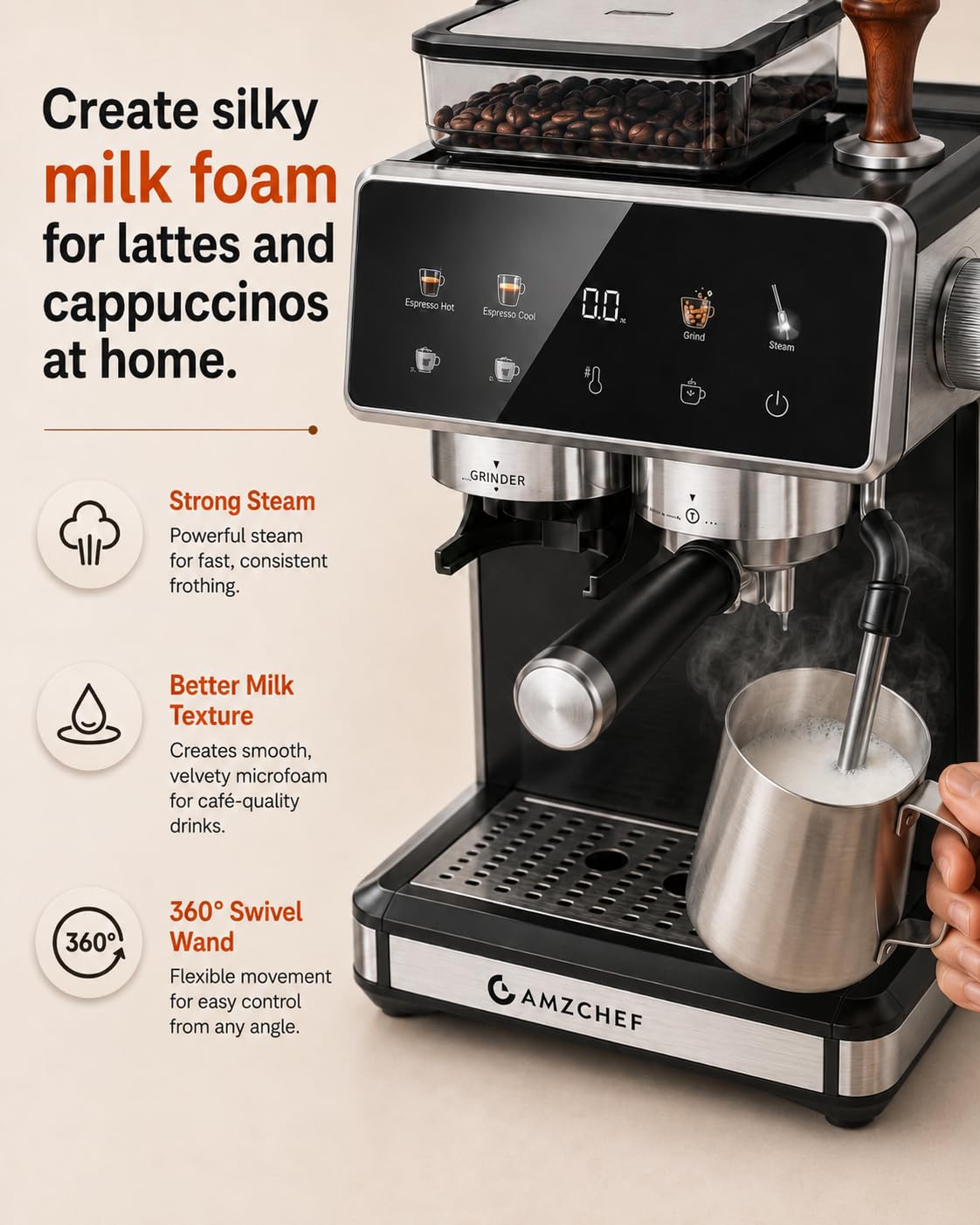 Espresso Machine with Grinder, 20 Bar, Latte & Cappuccino, Black