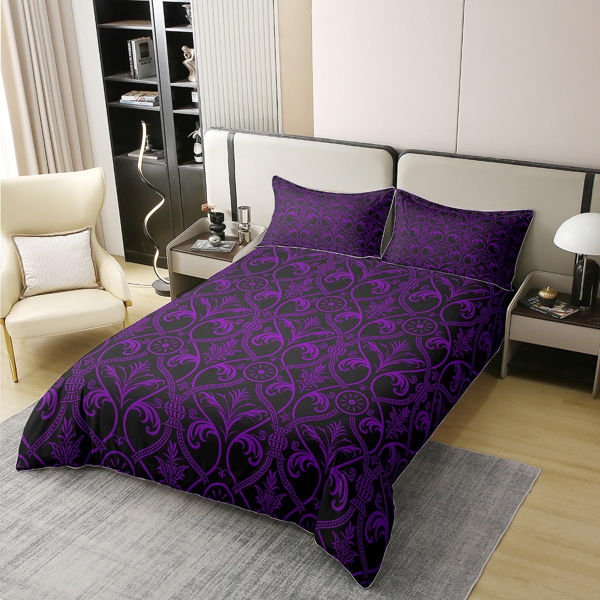 100 Percent Cotton Purple Black Ombre Floral Bedding Set for Girls Women Queen, Gothic Baroque Damask Comforter Cover