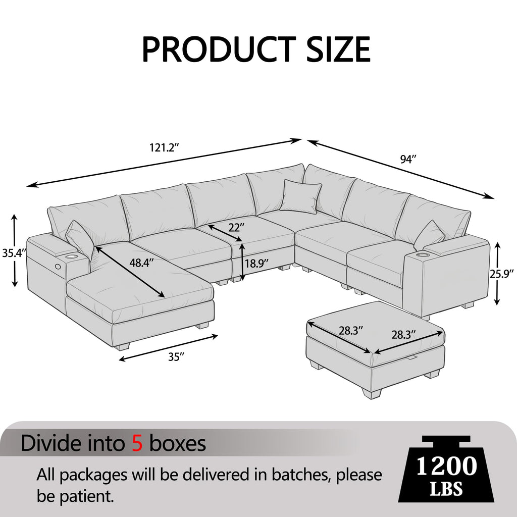 121.2" Large Sectional Couches with Chaise & Cup Holders