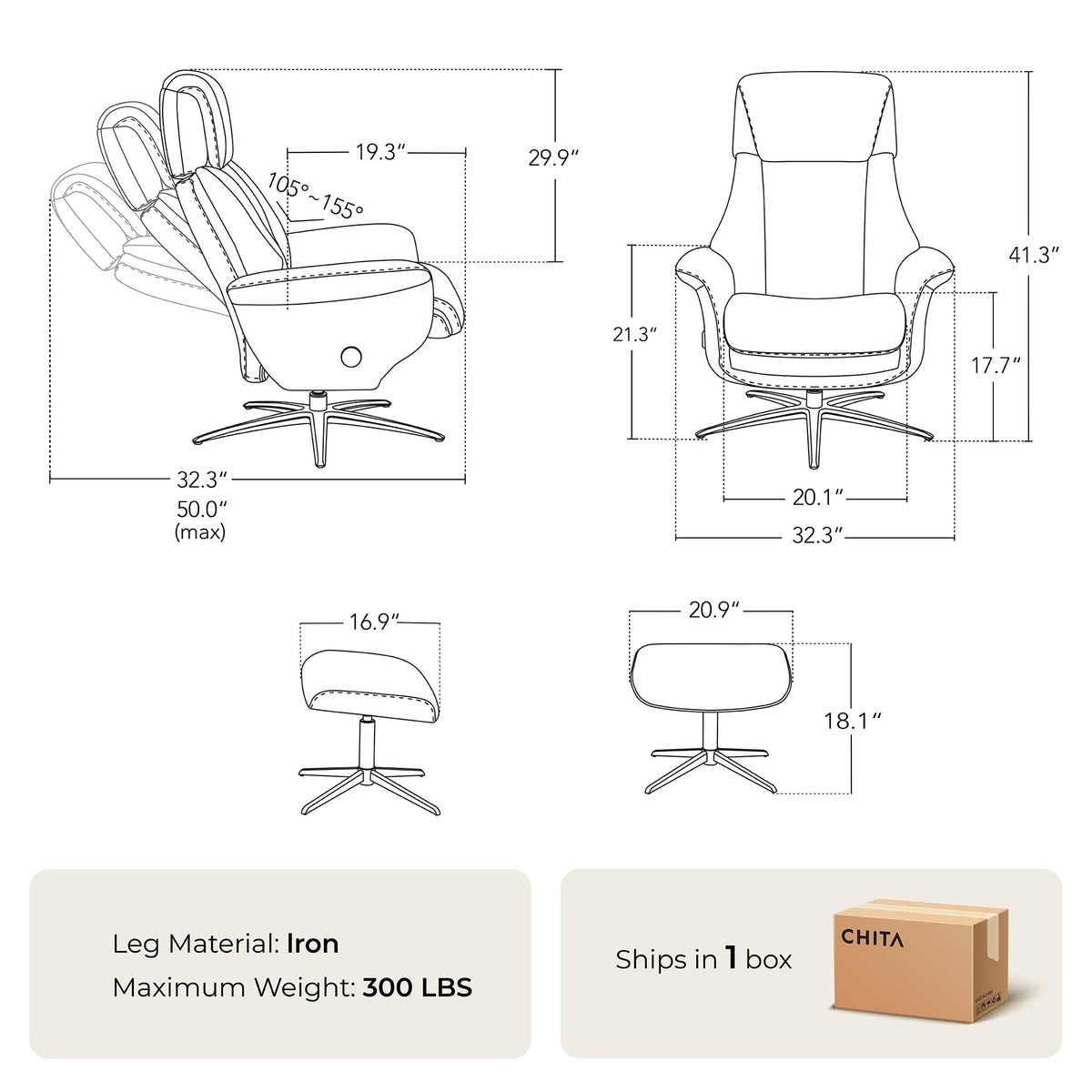 Self-Weight Genuine Leather Swivel Chair with Ottoman, Mink Brown
