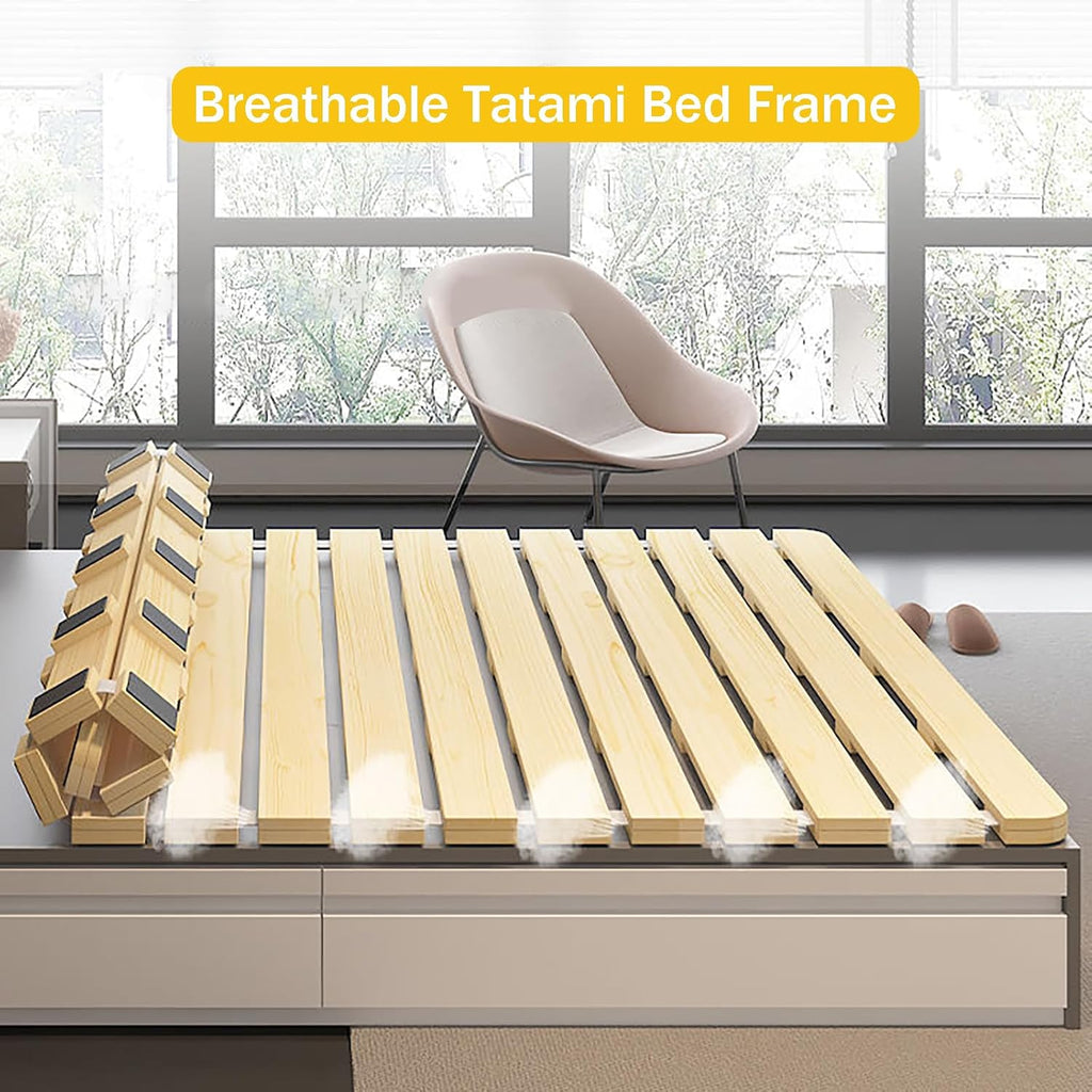 Folding Bed Frame, Natural Solid Wood, Japanese Platform Bed with Roll-Up Slatted Design, 79" L x 39.4" W, Durable