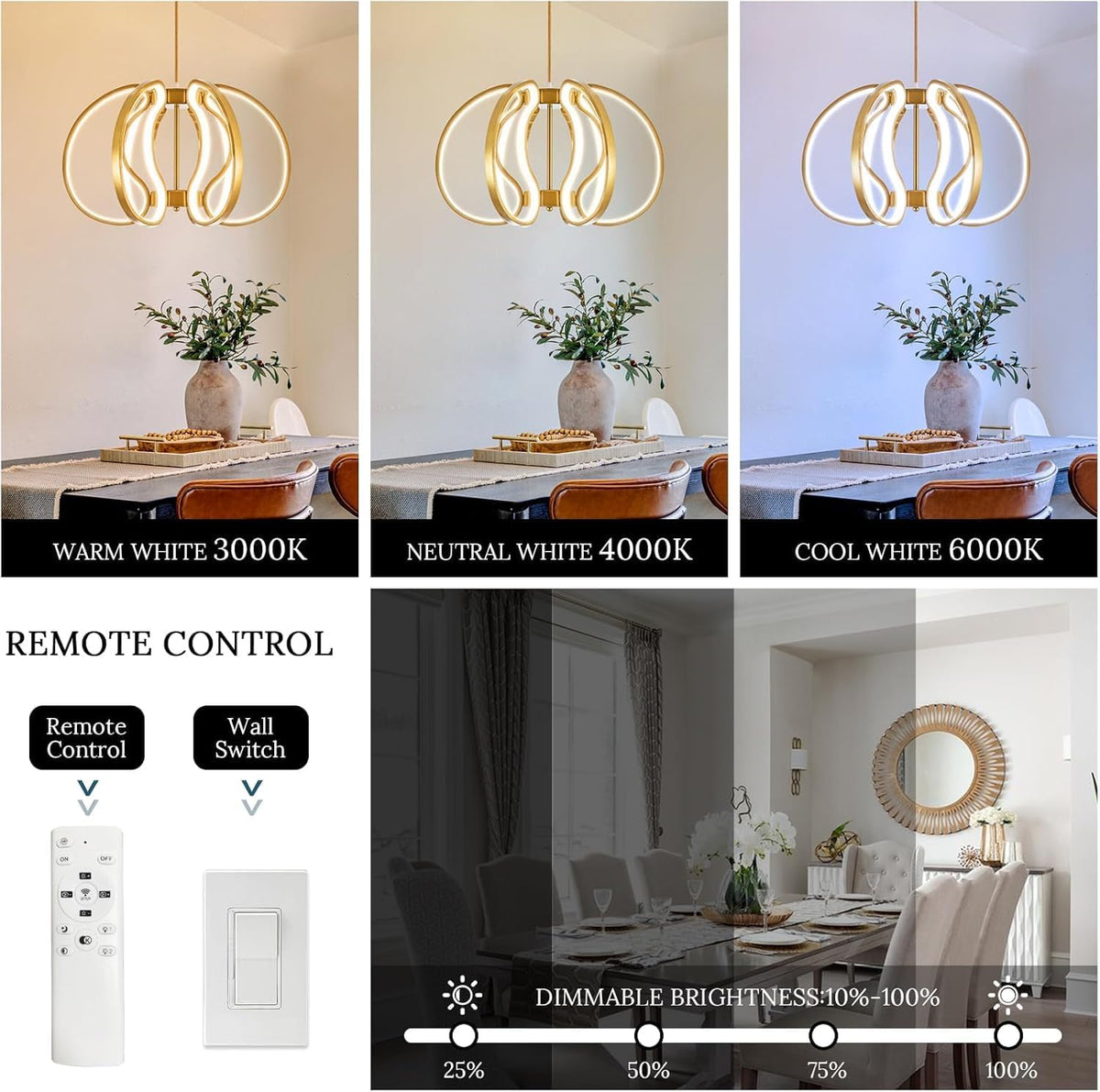 Modern Gold Chandelier with Remote Control, 69W 3-Color Temperature Dimmable LED Chandelier for Dining Room, Hanging