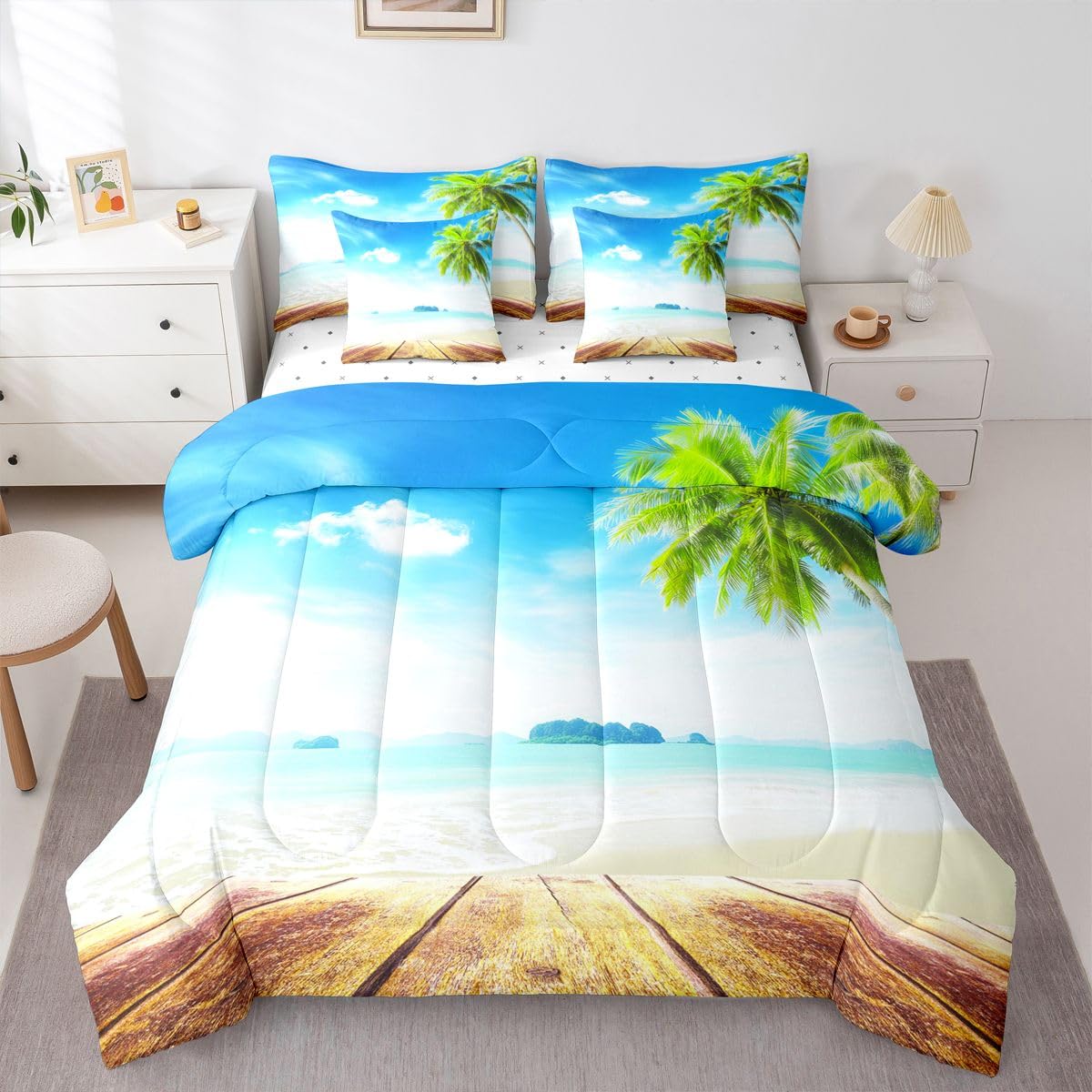 Beach Comforter Set 7 Pieces, Ocean Bed in A Bag, Tropical Palm Tree Hawaiin Bedding Set with Comforters