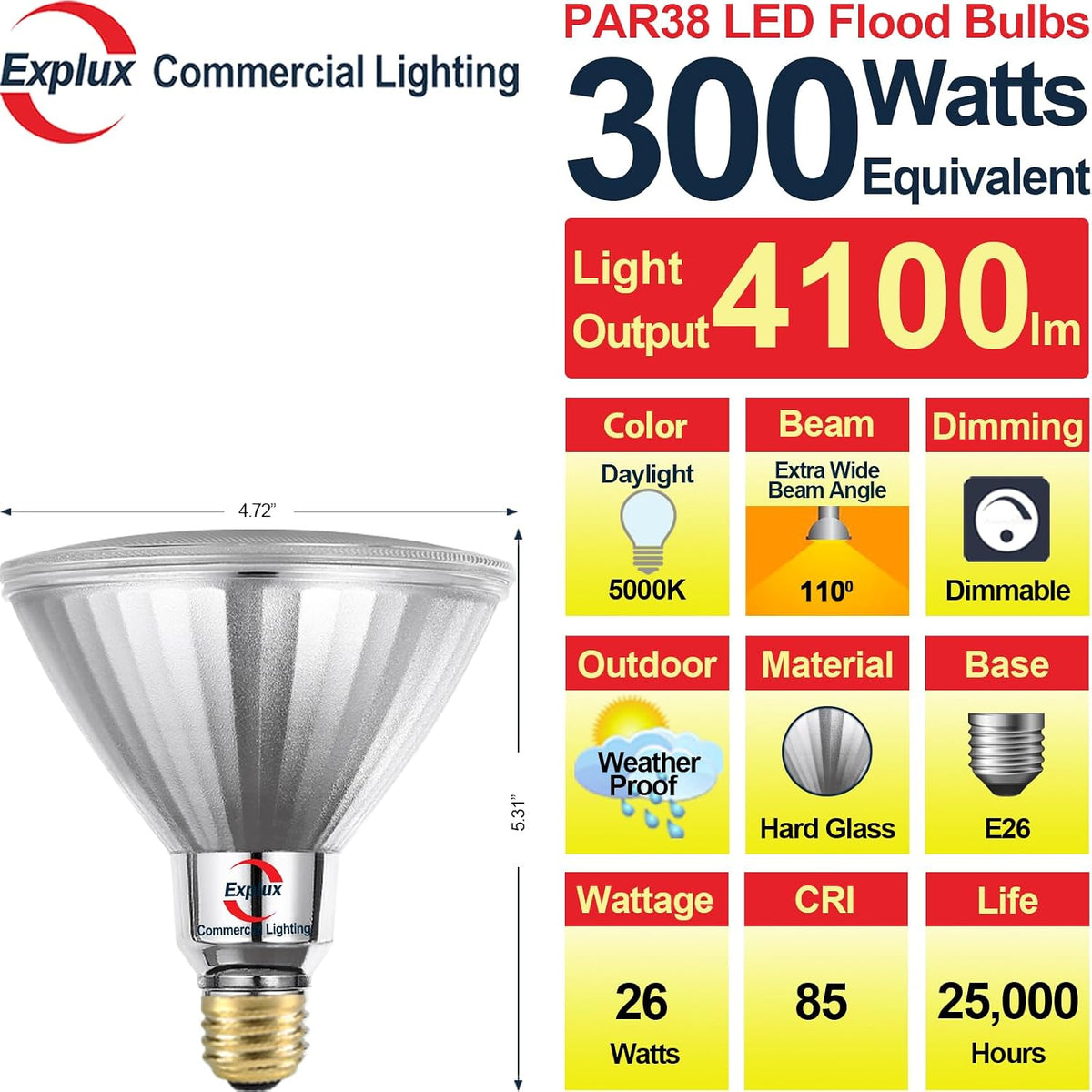Ultra Bright PAR38 Outdoor Flood Light, 300W Equivalent, 5000K, 2-Pk | Dimmable, Best-in-Class 4100 Lumens, Full