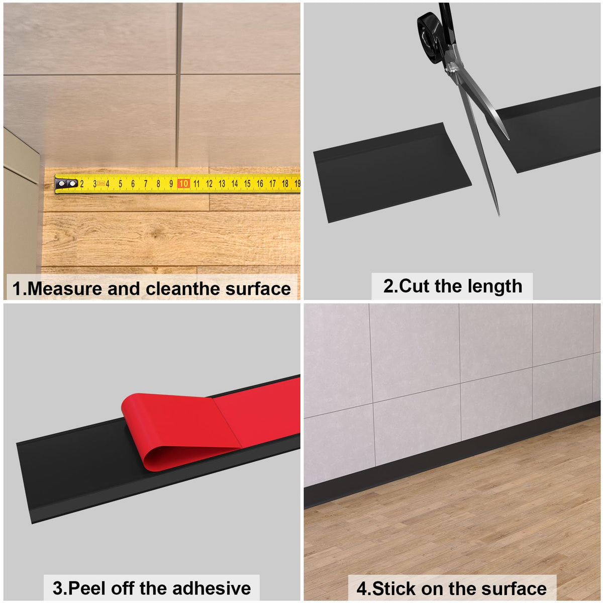 Peel and Stick Vinyl Baseboard Trim, 4 in x 200 ft Vinyl Wall Base, Black