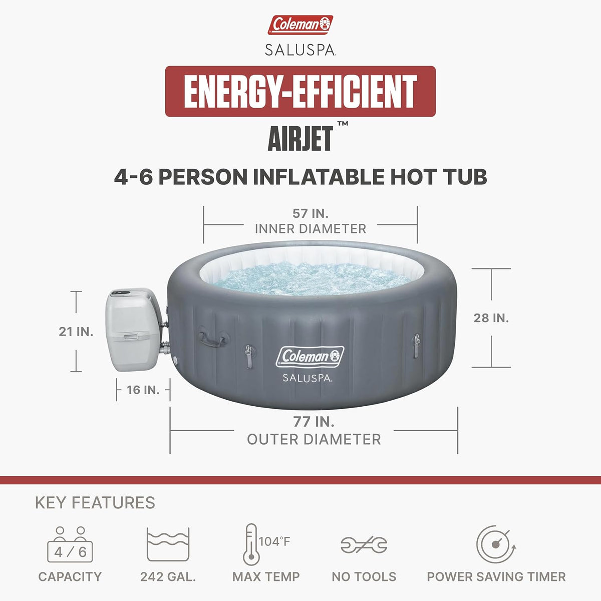 SaluSpa 4-6 Person AirJet Inflatable Hot Tub w/EnergySense Cover, 77"x28" Bundled w/SaluSpa Drink Holder, Spa Side