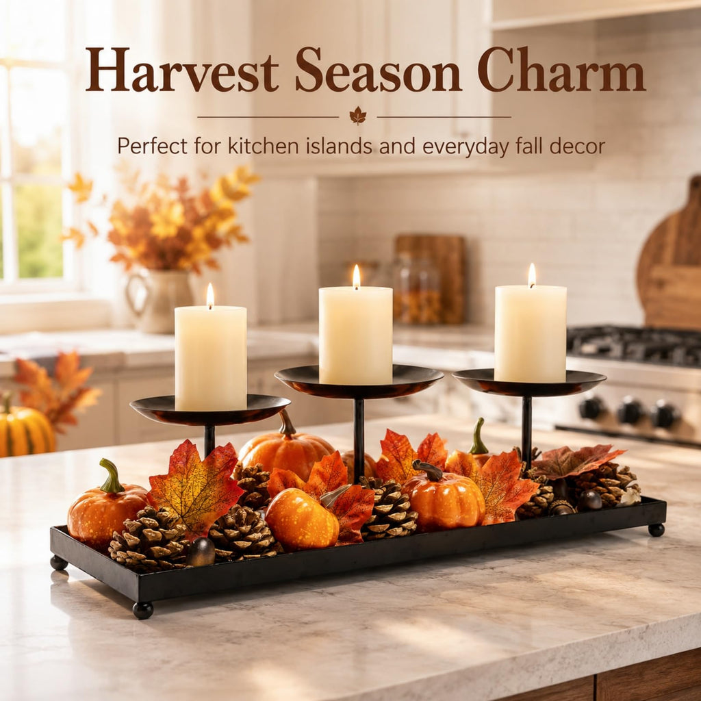 3 Pillar Candle Holders Centerpiece, Fall Dining Room Table Decor