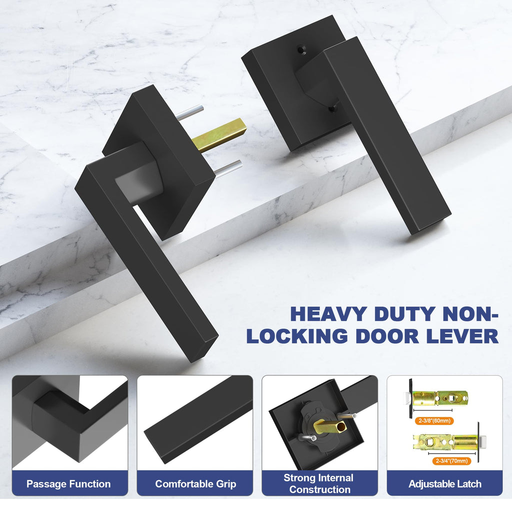 Passage Door Lever, 4 Pack Matte Black Interior Door Handles and Closet, Heavy Duty Square Interior Keyless Door