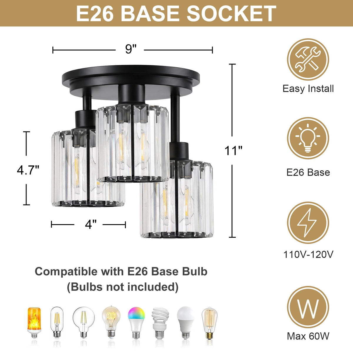 Crystal Semi Flush Mount Ceiling Light, 3-Light Modern Close to Ceiling Light Fixtures, Black Kitchen Light Fixture