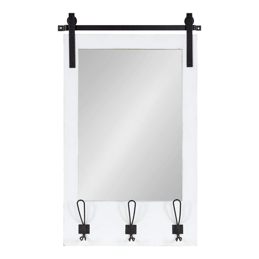 Cates Rustic Wall Mirror with Hooks, 18 x 28, White, Farmhouse Wall Decor with Function
