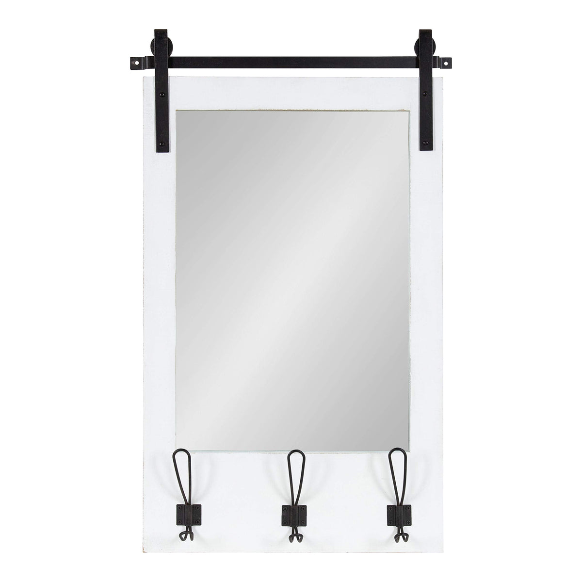 Cates Rustic Wall Mirror with Hooks, 18 x 28, White, Farmhouse Wall Decor with Function