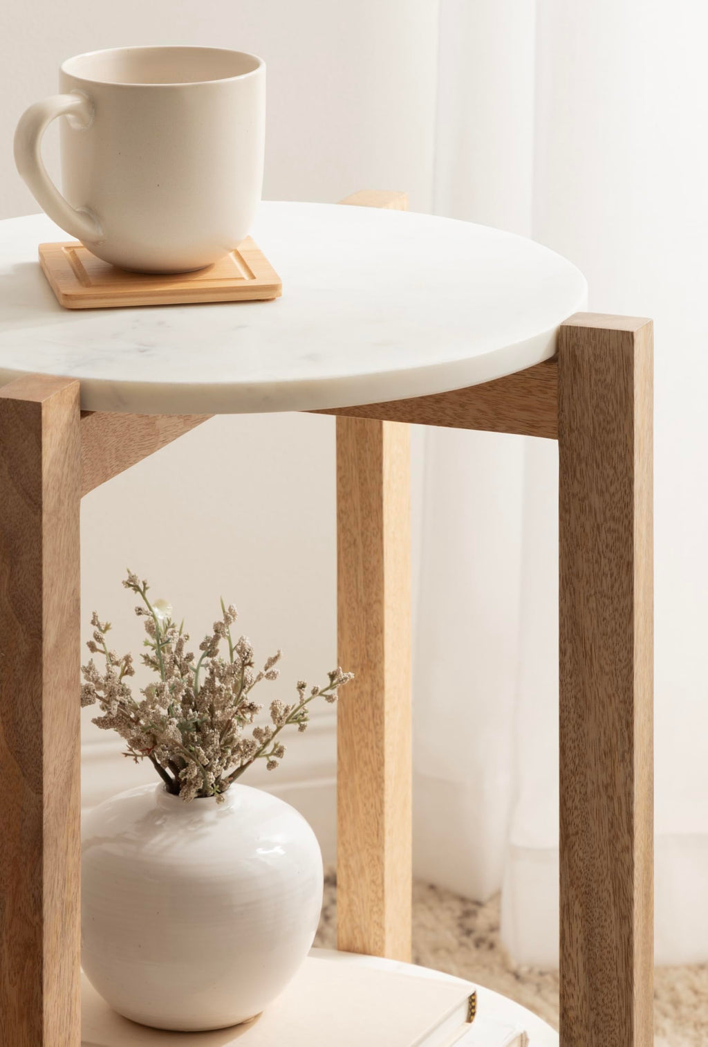 Inspired Saarinen Style Moxley Transitional Round Side Table; 16 x 16 x 22; White Marble and Natural Wood; Tiered Pedestal Table with