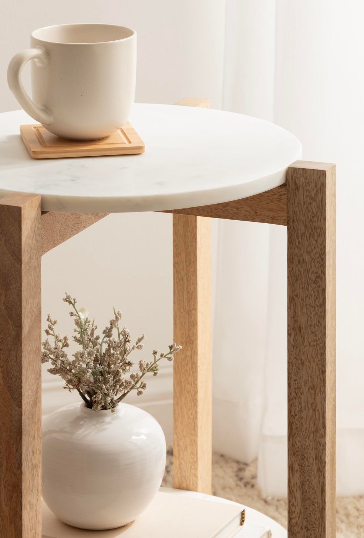 Inspired Saarinen Style Moxley Transitional Round Side Table; 16 x 16 x 22; White Marble and Natural Wood; Tiered Pedestal Table with