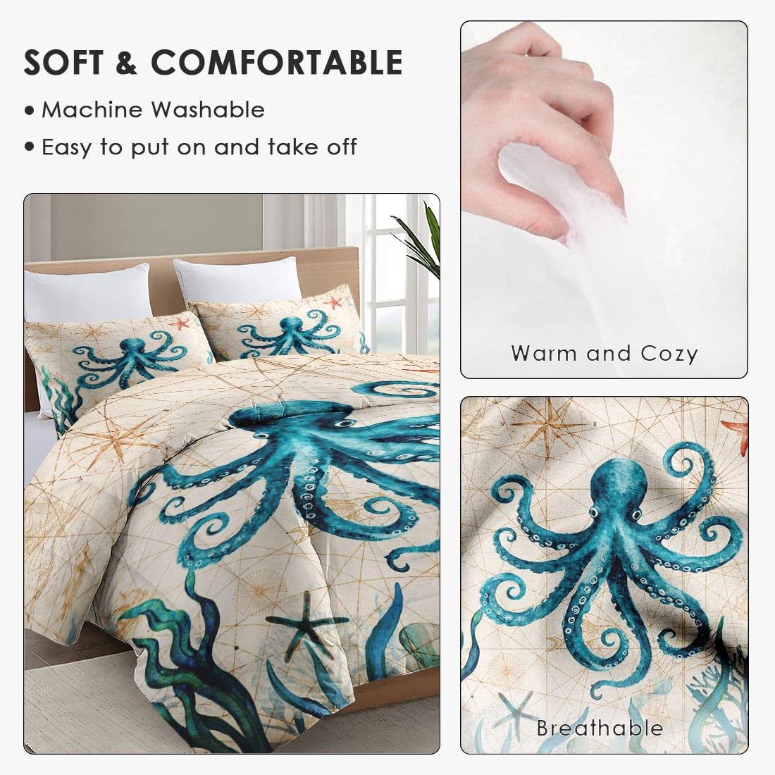 Comforter Set, 3 Pieces Ocean Beach Bedding, All Season