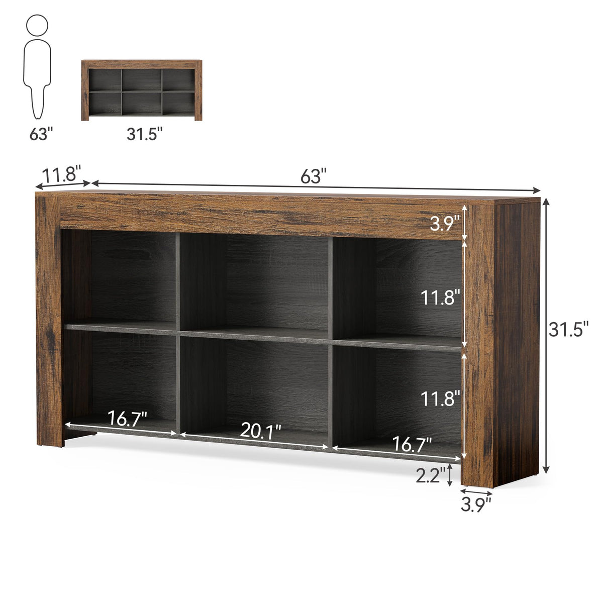 Console Table with Storage, 63-Inch Narrow Long Sofa Table, Entryway Table with 6 Cubes, Farmhouse Storage Shelves