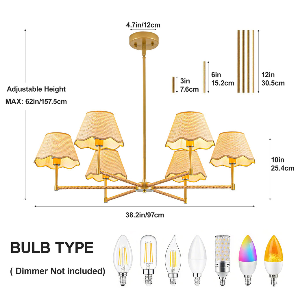 38" Rattan Pendant Light Fixtures, 6-Light Boho Rattan Chandelier