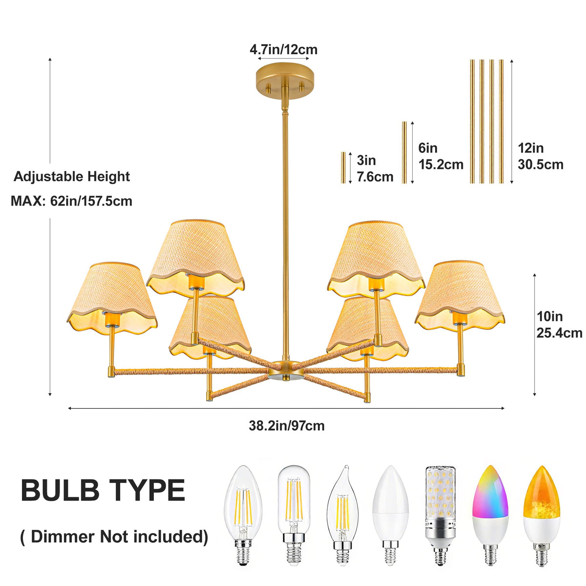 38" Rattan Pendant Light Fixtures, 6-Light Boho Rattan Chandelier