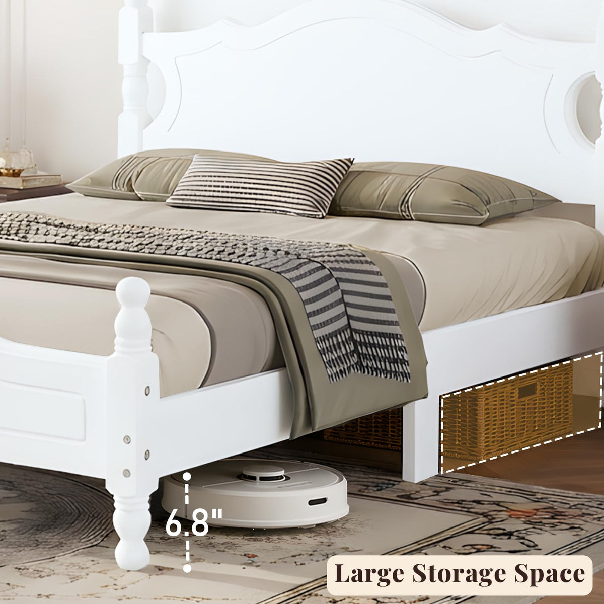 White Wood Bed Frame with Vintage Headboard, Gothic Style Wooden Platform Bed with Wood Slat Support