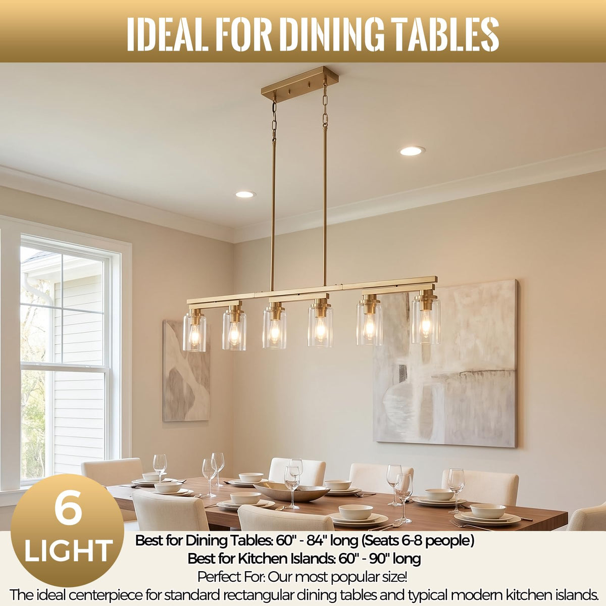 Brushed Gold Linear Chandelier,43.3" Dining Room Light Fixture