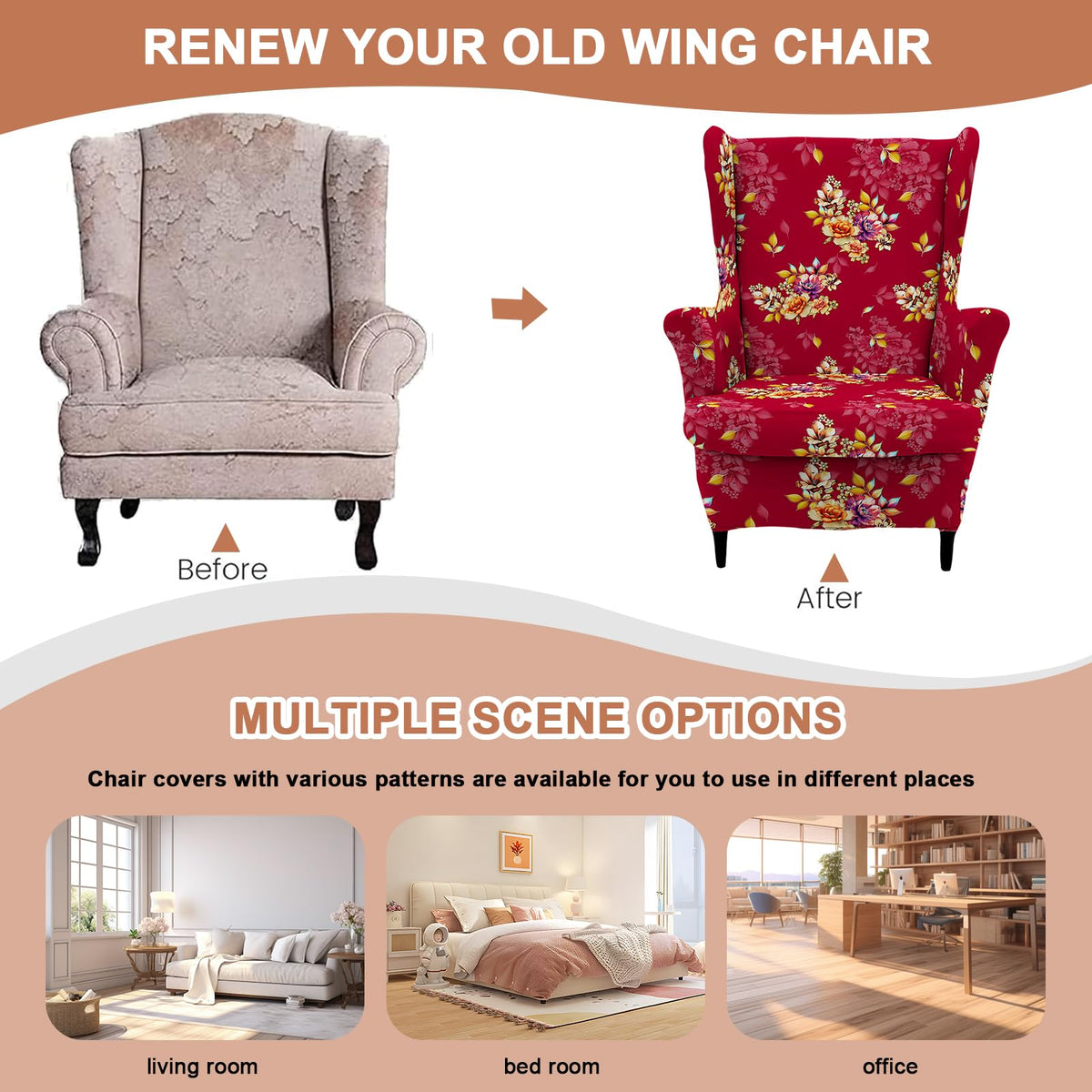 2 Piece Wingback Chair Covers Stretch Wing Chair Slipcover Printed Wing Back Chair Covers with Arms Washable Spandex