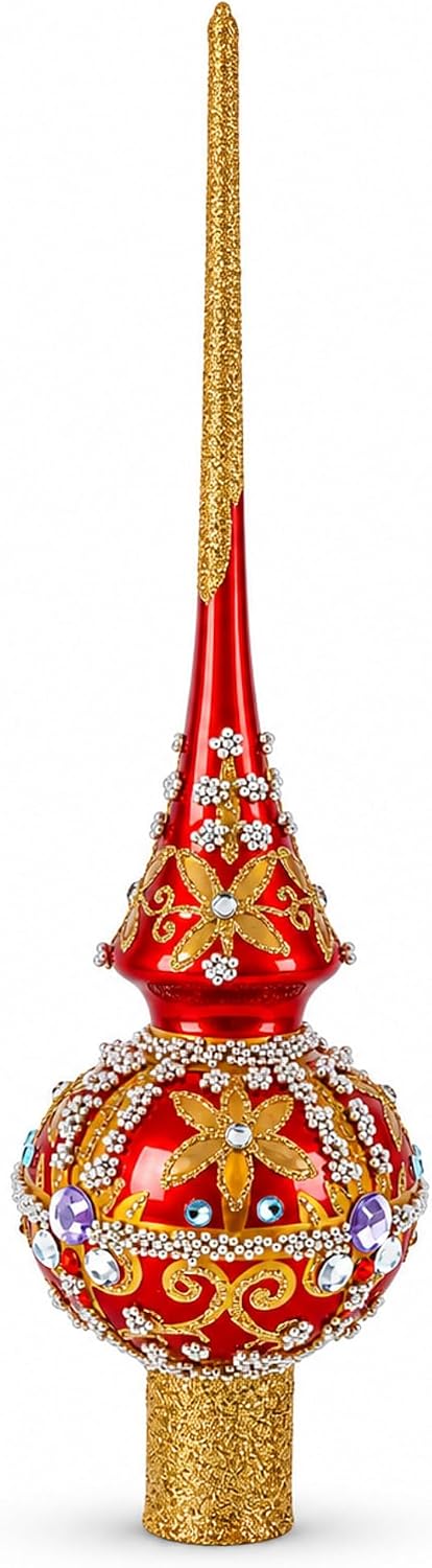 Baroque Style Red & Gold Jeweled Finial Glass Tree Topper 11 Inches